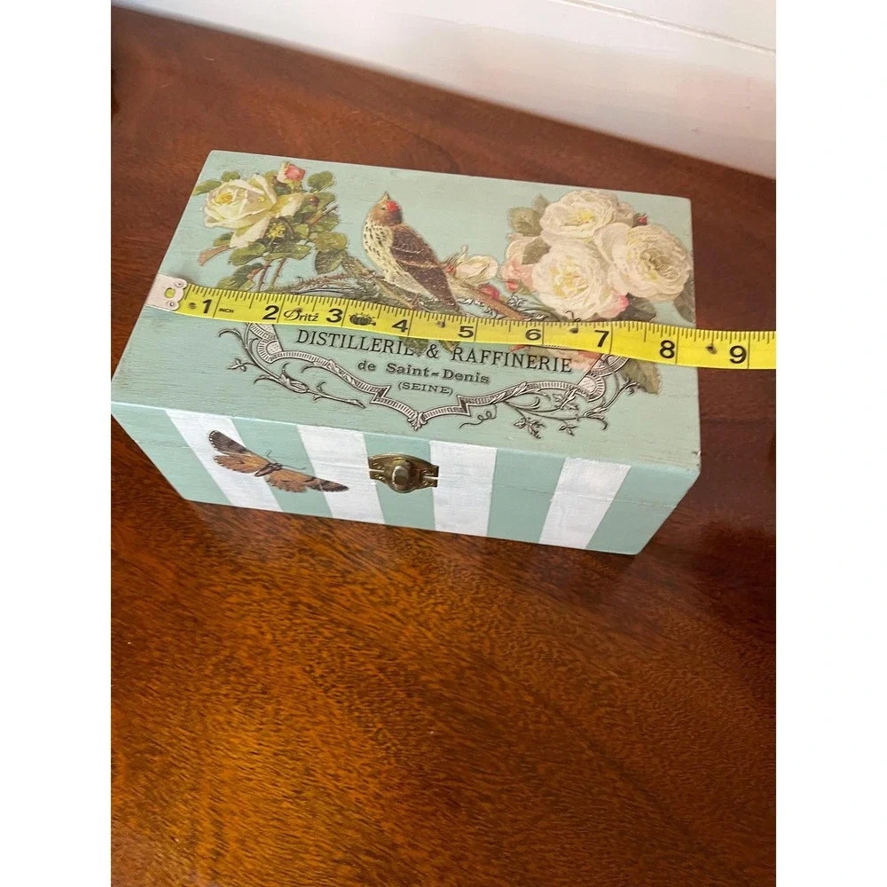 Hand painted decorative wood box storage cottagecore granny chic farmhouse bird